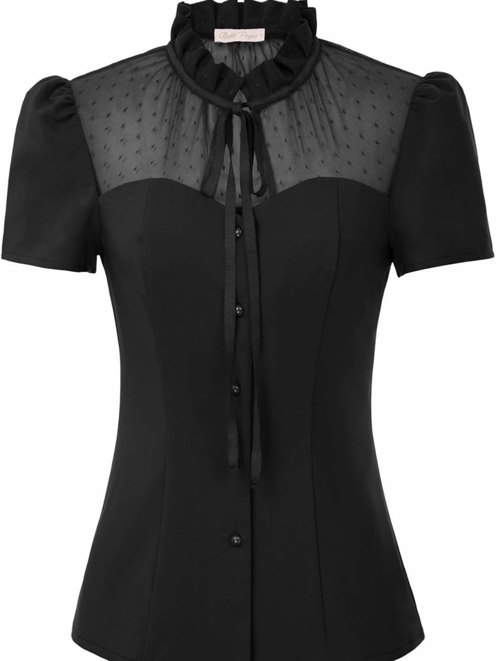 Black Short-Sleeve Blouse with Sheer Dotted Yoke and Tie Neck